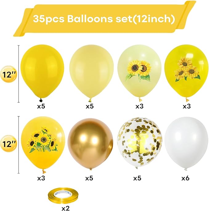 Sunflower Yellow Gold Balloons - 12 Inch Sunflower Bee Theme with Metallic Gold Confetti for Kids Birthday & Baby Shower Party Decorations