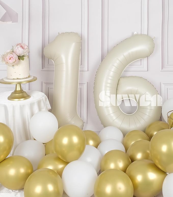 SUWEN 40 Inch Cream White Large 16 Number Balloons Big Foil Helium Number Balloons 0-9 Jumbo Happy 16th Mylar Birthday Party Decorations for Boy or Girl 61 Anniversary Party Supplies