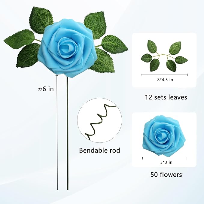 JOYLEX Artificial Flowers Realistic Roses, 50pcs Real Looking Fake Roses with Stem for DIY Wedding Bouquets Centerpieces Bridal Shower Party Home Romantic Decorations (Light Blue)