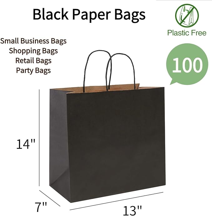 COGLARING Black Gift Bags with Handles Bulk 100 Pack, 13x7x14 Inch for Shopping, Retail, Merchandise Packaging - Eco-Friendly Durable Paper Bags