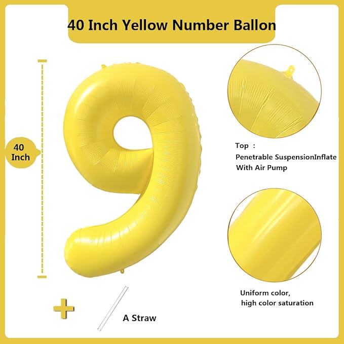 40 inch Yellow Number Balloon Giant Foil Helium Balloons Number 9 Balloon for 9th Birthday Party Decorations