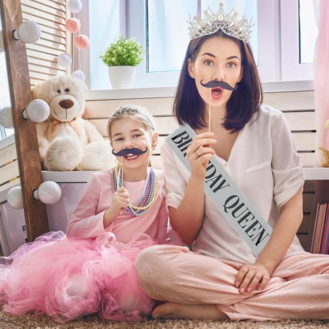 AOPRIE Birthday Queen Sash for Women Girls Birthday Tiara & Crowns for Girls Birthday Headbands for Women Happy Birthday Accessories Favor Supllies Black Silver, 2 Pack