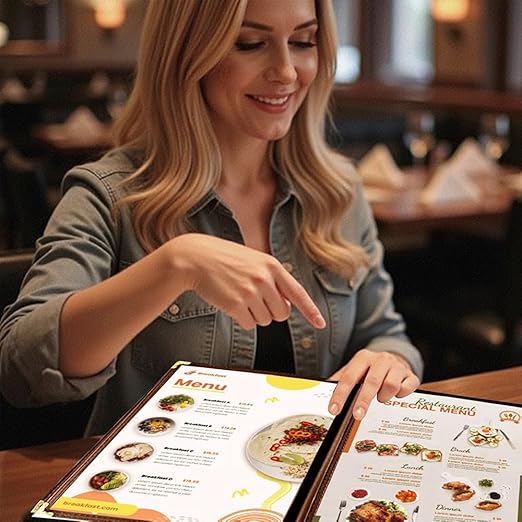 Goodsmart Restaurant Menu Covers – 25 Pack Burgundy 4-View 8.5" x 14", Side-Loading Vinyl & Plastic Menu Holders, Clear Menu Sleeves, Leather-Style Café Covers with Gold Corners