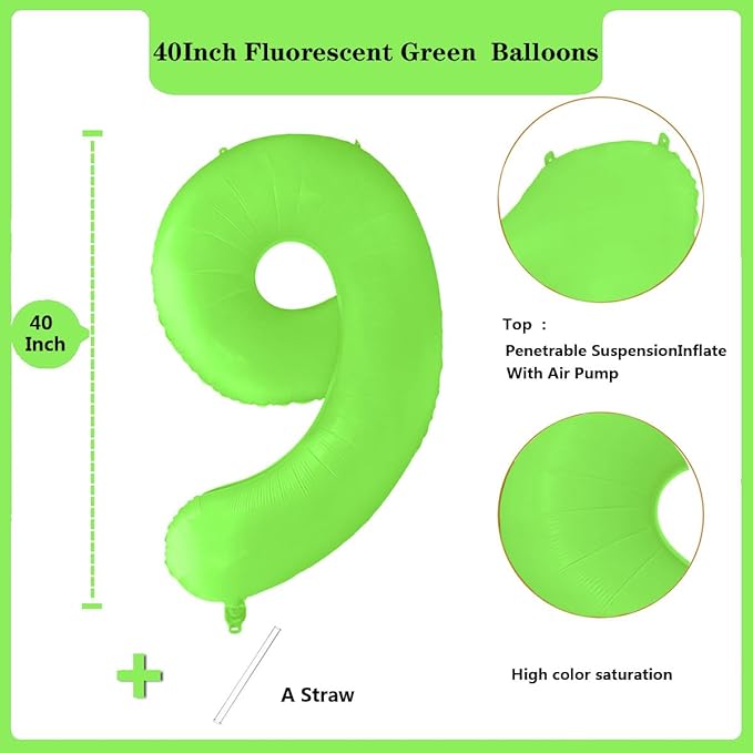Fluorescent Green Number Balloon 40 inch Giant Foil Helium Balloons Green Number 9 Balloon for 9th Birthday Party Decorations