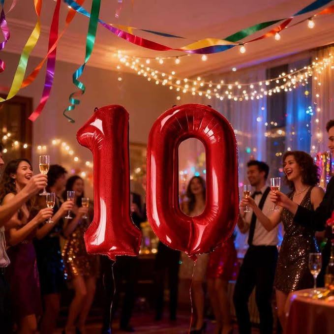 Laser Red Number 10 Balloons 40 Inch Giant Number Red 10 Foil Mylar Balloons for 10th Birthday Anniversary Events Party Decorations