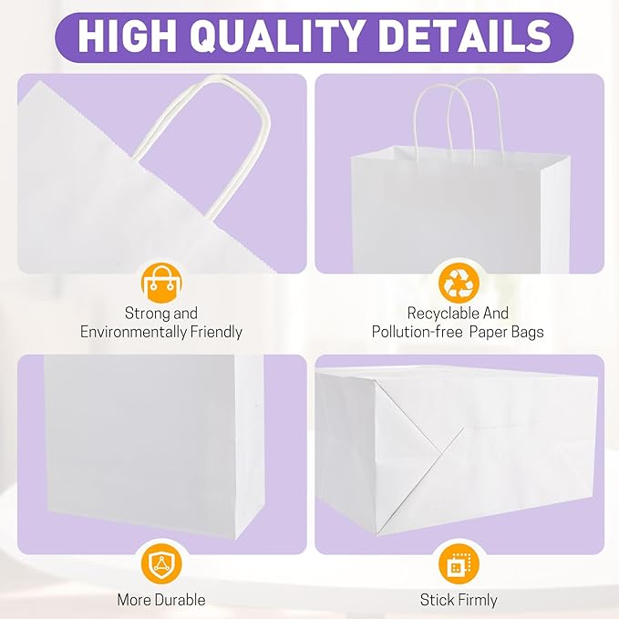 XPCARE White Paper Bags, 100 Packs 10x5x13 Inch Gift Bags with Handles Bulk Paper Bags with Handles Retail Kraft Paper Bag White Gift Bag for Wedding Party Shopping