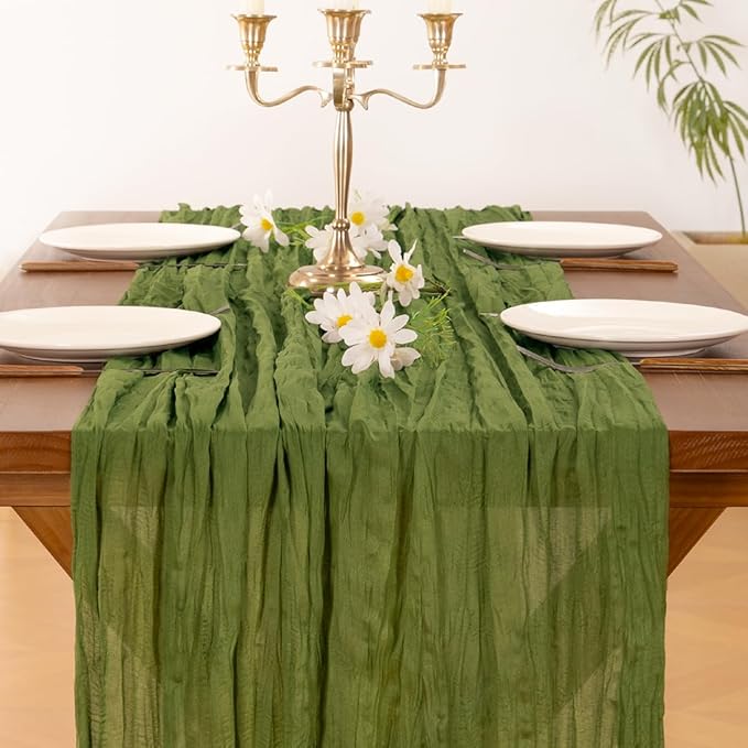 Socomi 6pcs Olive Green Fall Thanksgiving Cheesecloth Table Runner Boho Rustic Gauze 120 inch 10FT Cheese Cloth Runner for Wedding Party Baby Shower Birthday Home Decor Holiday Decorations
