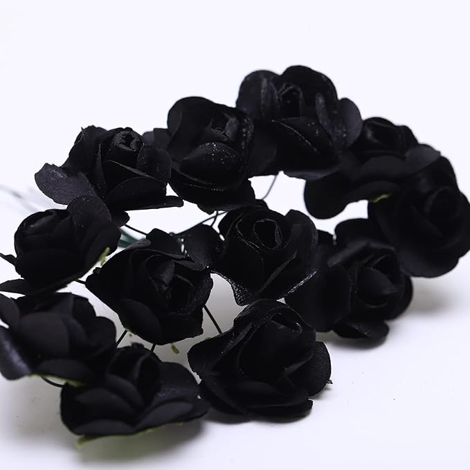 144pcs Mulberry Paper Mini Roses Artificial Flowers Heads with Stems for DIY Crafts Accessories Make Bridal Hair Clips Headbands Dress Wedding Bridal Bouquets Party Home Decor Valentine's (Black)