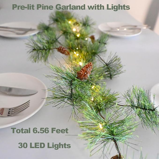 Christmas Garland with Lights 6.56 FT Smokey Pine Garlands with 30 LED Fairy Lights Battery Operated Garland Lights with Pine Cones Artificial Greenery Garland Christmas Pre-lit Light for Home