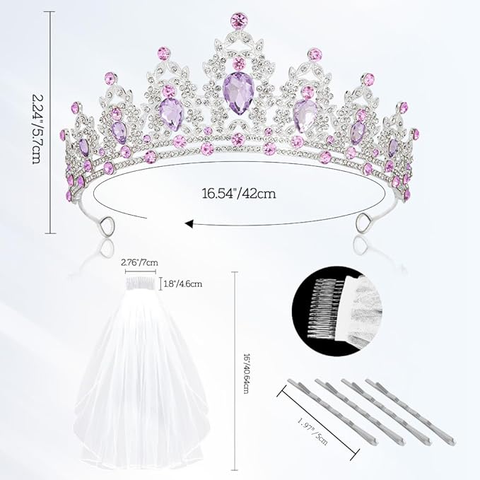 Crown and Wedding Veil Set Crown Headband Purple Crown Wedding Crown for Bride Silver Crown Bachelorette Veil Bride Veil Crystal Crown for Bachelorette Wedding Party Anniversary