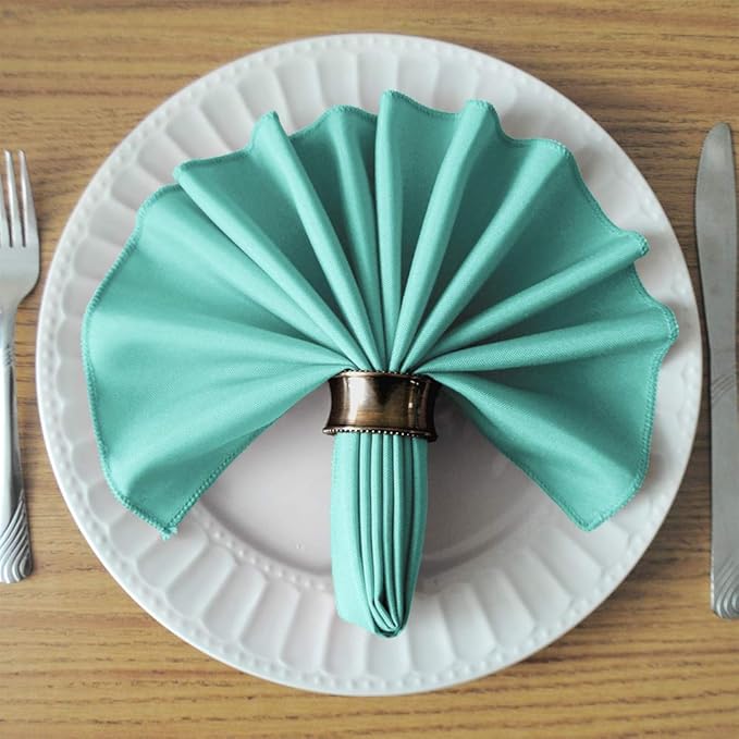 TableLinensforLess 17"x17" Polyester Cloth Napkins, Set of 12 (Aqua Blue) | Easy-Care, No-Iron Finish, Superior Color Retention, Machine Washable