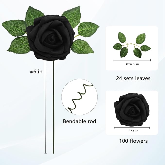 JOYLEX 100Pcs Black Artificial Flowers Realistic Roses, Real Looking Fake Roses with Stem for DIY Wedding Bouquets Centerpieces Bridal Shower Party Home Romantic Decorations (Black, 100pcs)