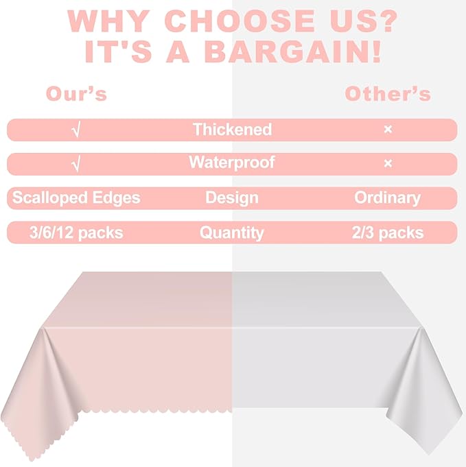 6 Pack Plastic Light Pink Tablecloth, 54 X 108Inch Party Table Covers Pink Scalloped Table Cloths for Rectangle Tables Disposable Tables Cover for Picnic Baby Shower Tea Party Wedding Bridal