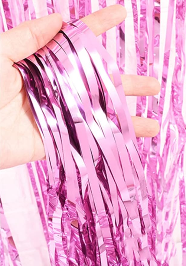 2 Pcs 3.2ft x 8.2ft Shiny Pink Metallic Tinsel Foil Fringe Curtains Photo Booth Pink Backdrop for Birthday Wedding Bridal Shower Baby Shower Bachelorette Party Decorations