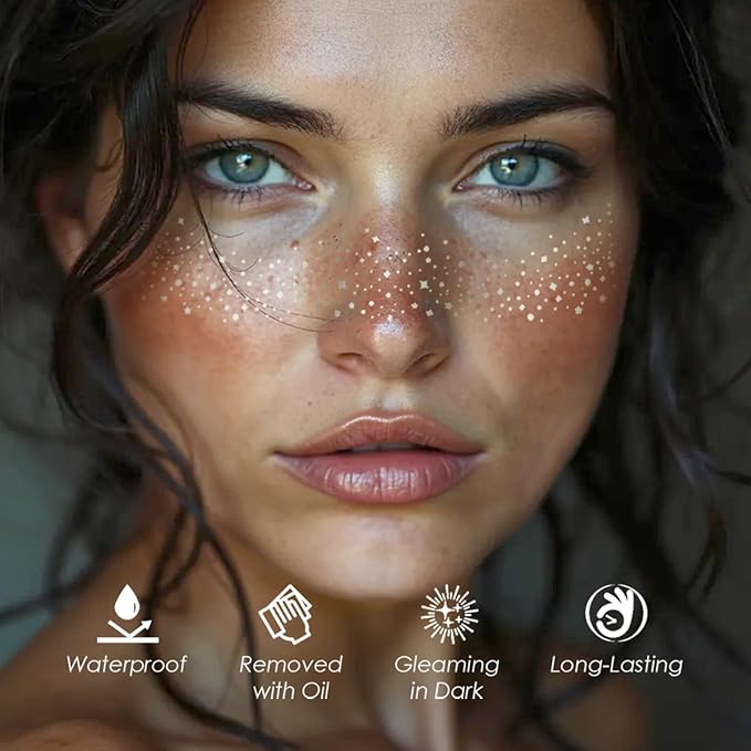Glitter Freckles, 24PCS Glitter Freckles Face Tattoo, Sparkle Freckles for Women, Waterproof Gold Temporary Face Tattoos Glitter Glow Up Patches Makeup Patches (Silver)