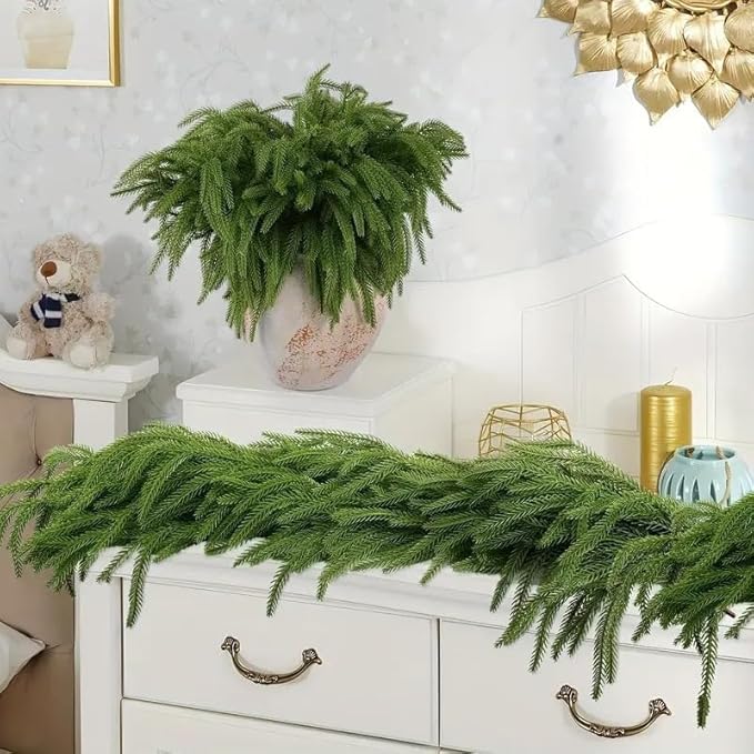 4 Pcs Artificial Norfolk Pine Garlands, Christmas Real Touch Winter Pine Garland, Green Artificial Greenery Cedar Garland for Mantle, Table, Wall, Indoor, Outdoor Christmas Decorations