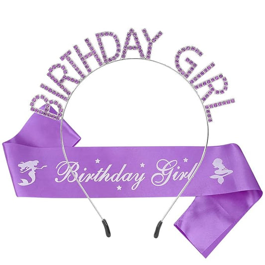 AOPRIE Birthday Girl Sash Crowns Happy Birthday Tiara for Women Purple Headband Princess Crown Rhinestone Accessories