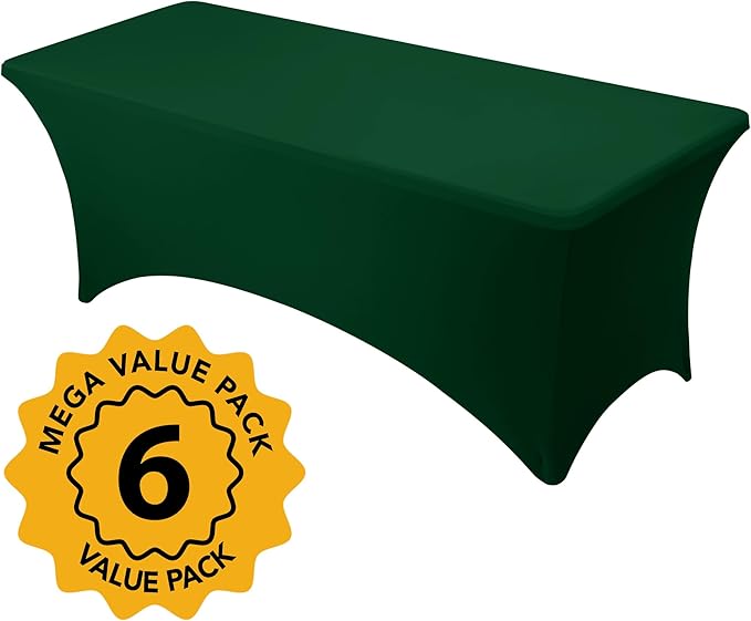 6-Pack Premium Hunter Green Spandex Tablecloths for 8ft Rectangle Tables, Stain & Wrinkle-Resistant, Washable Stretch Polyester Fitted Table Cover for Weddings, Banquets, Trade Shows Events