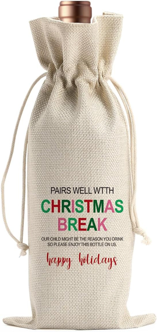 Funny Teacher Christmas Wine Bags for Wine Bottles Gifts Teacher Christmas Gifts Wine Bottle Cover Drawstring Gift Bags Burlap Wine Bag for Xmas Holiday Housewarming Party Decorations