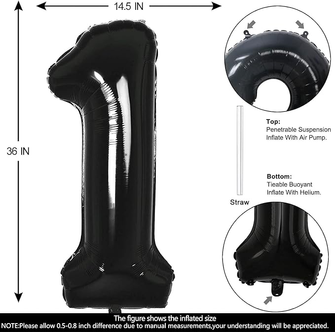 40 Inch Black Number 1 Balloons Helium Giant Black 1 Balloons for Birthday Party Decorations Anniversary Baby Shower Photo Shoot Supplies
