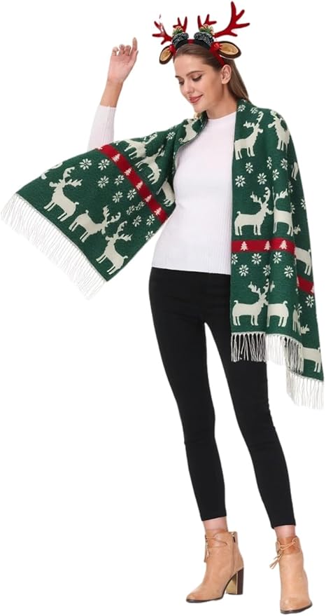 Unisex Christmas Scarves for Women Men Boys Girls Christmas Gifts Winter Scarf with Reindeer and Snowflake Shawl Wrap Xmas