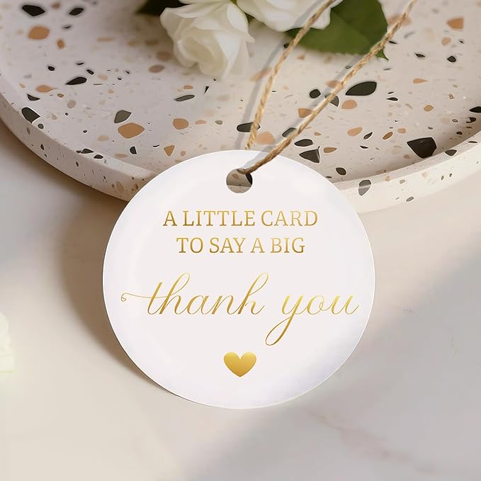 50pcs Gold Foil Thank You Tags with String, Pre-Punched Hole Gift Tags with String - Perfect for Weddings, Baby Showers, Parties, Holidays, Anniversaries, Celebrations (2"*2")