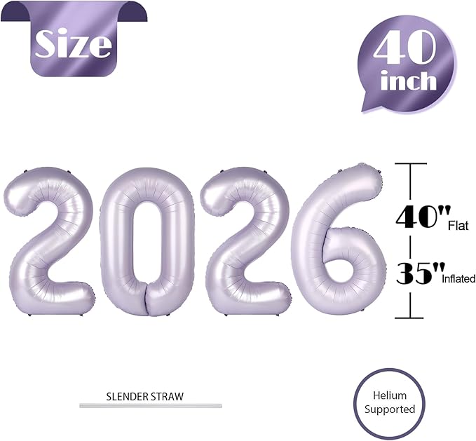 Lilac 2026 Number Balloon, Lilac Number Balloons 40 Inch, 2026 Balloon Birthday Decorations, 2026 Birthday Party Supplies