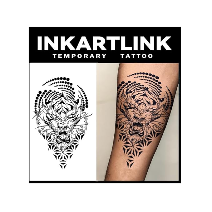 INKARTLINK Tattoo Tech,2 Sheets Extra-Large Semi Permanent Tattoo,Adult Art Design Temporary Tattoos, Lasts 1-2 Weeks, Waterproof, Realistic look, No Adhesive, No reflection (Hurricane Tiger Design）