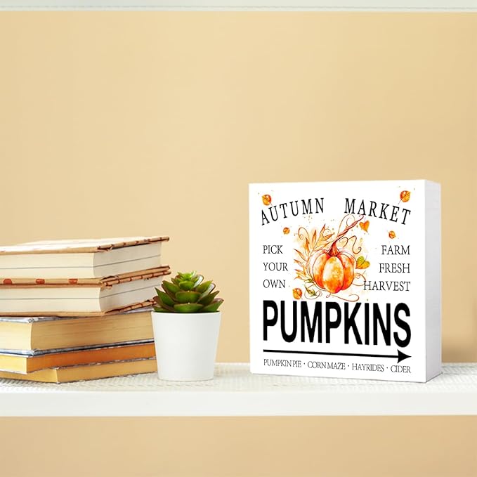 Funny Autumn Wood Box Sign Autumn Market Pumpkins Wooden Block Desk Decor for Home Office Kitchen Cubicle Table Shelf Tabletop,Farmhouse Fall Sign Decor