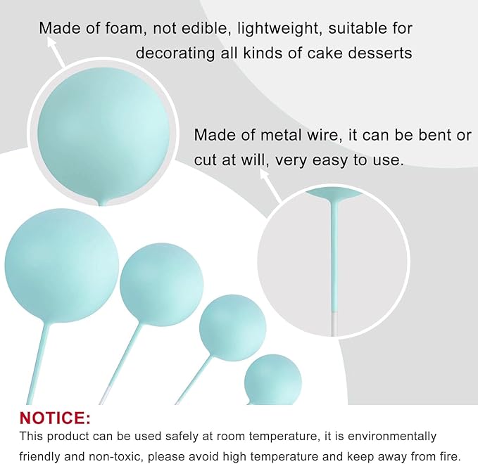 ASTARON 20 Pcs Ball Cake Topper Decorations Mini Balloons Cake Topper Sticks Light Blue Balls Cake Picks Cake Topper Balls Cake Decorations for Wedding Birthday Cake Decorations