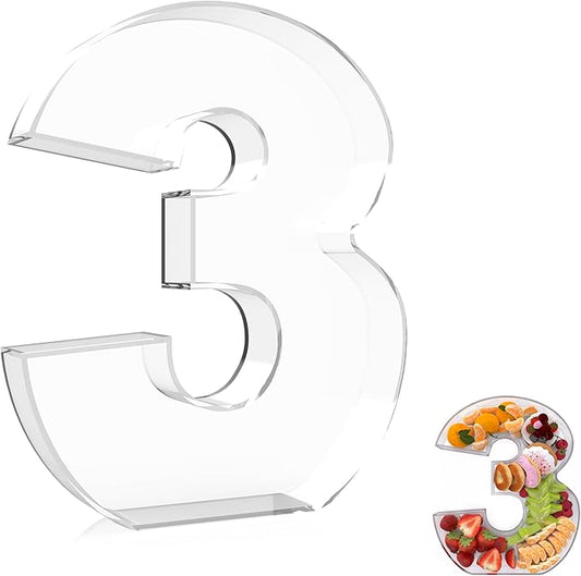 13.8" Extra Large Acrylic Number Charcuterie Board Box, Reusable Fillable Number Cake Candy Dish Display Serving Tray for Birthday Anniversary Party Decoration (3)