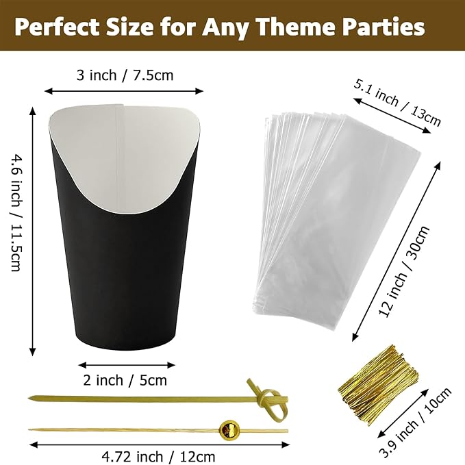 CAMKYDE 50 Sets Disposable Charcuterie Cups with Sticks and Bags, 12 oz Black Paper Snack Appetizers Cup French Fry Holder with Cocktail Picks Toothpicks (50 Cups+50 Bags+200 Sticks)