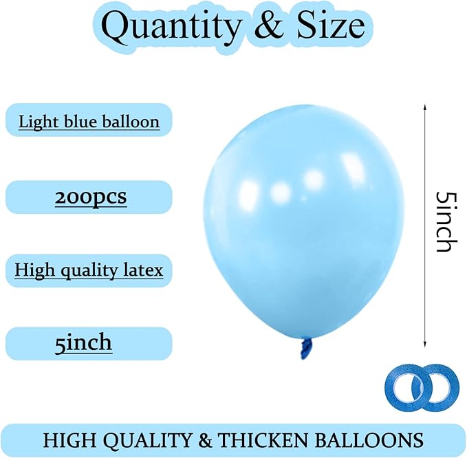 KAWKALSH 200pcs Light Blue Balloons 5 Inch, Small Mini Latex Balloons for Party Birthday Baby Shower Anniversary Festival Arch Garland Decoration