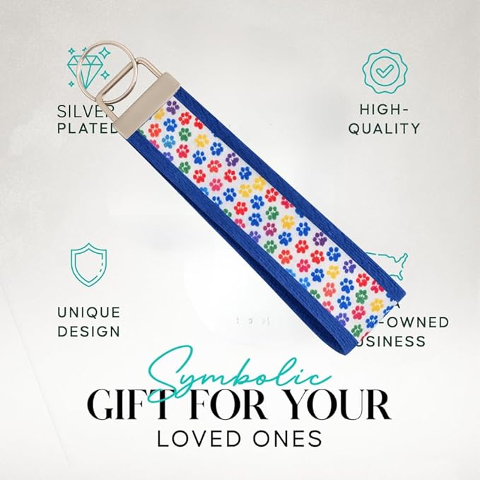 Dog Paw Print Wristlet Keychain – Colorful Fabric Hand Strap with Metal Ring for Keys, ID Cards, and Small Accessories