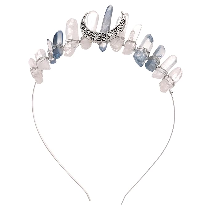 Fairy Elf Crystal Headband for Women - Fantasy White Quartz Moon Witch Crown, Fairy Princess Bridal Queen Headpiece for Renaissance Halloween Wedding Pageant Prom Headwear
