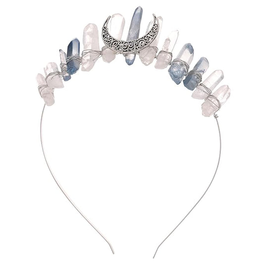 Fairy Elf Crystal Headband for Women - Fantasy White Quartz Moon Witch Crown, Fairy Princess Bridal Queen Headpiece for Renaissance Halloween Wedding Pageant Prom Headwear