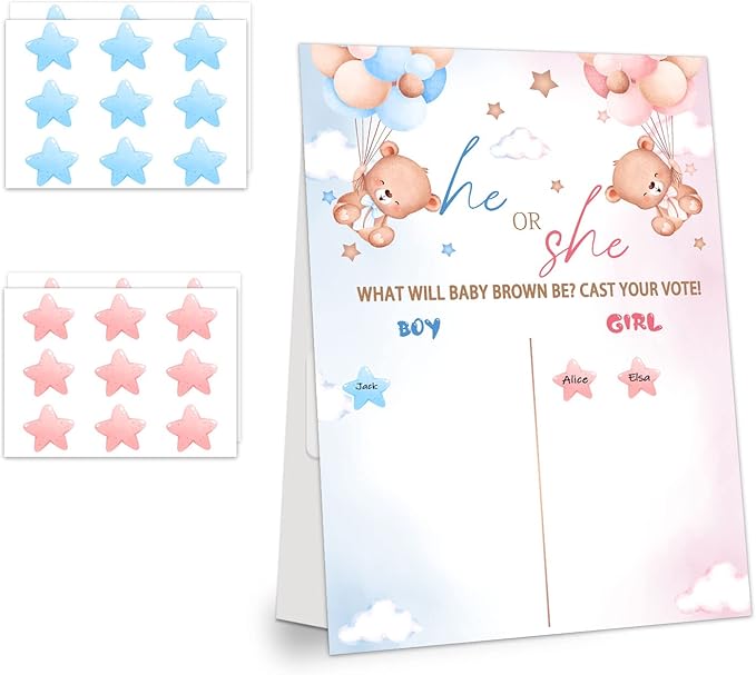 LNOKRIM Gender Reveal Party Games, Bear Theme Baby Gender Reveal Voting Board Sign, 54 Boy Girl Voting Stickers, He or She, Gender Reveal Party Centerpiece Decorations (12x17)
