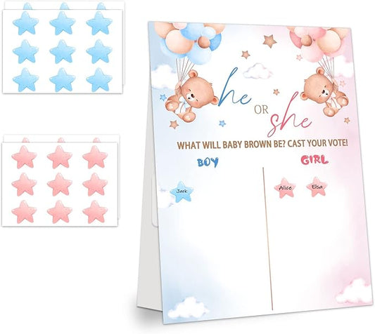 LNOKRIM Gender Reveal Party Games, Bear Theme Baby Gender Reveal Voting Board Sign, 54 Boy Girl Voting Stickers, He or She, Gender Reveal Party Centerpiece Decorations (12x17)