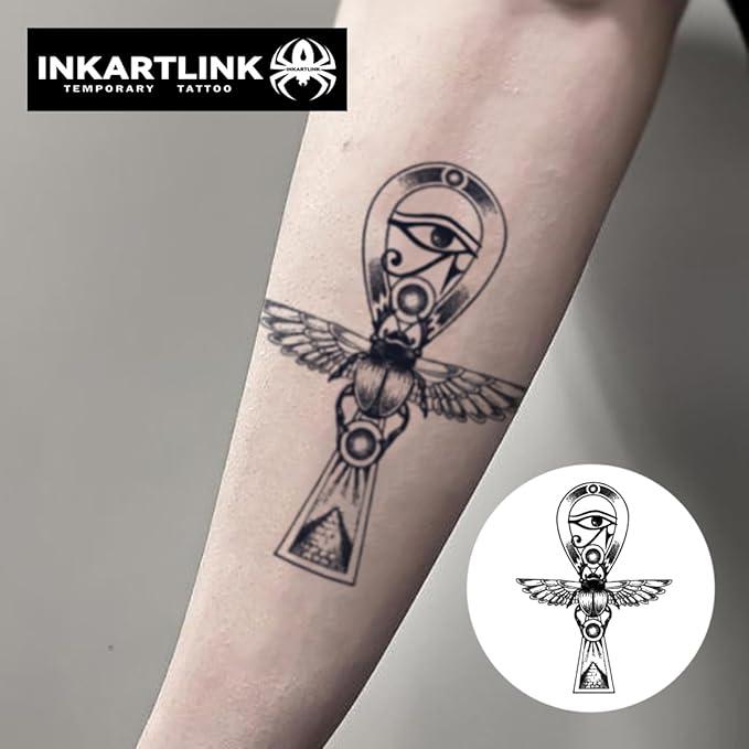 INKARTLINK Tattoo Tech, 2 Sheets Medium Semi Permanent Tattoo, Adult Art Design Temporary Tattoos, Lasts 1-2 Weeks, Waterproof, Realistic Look, No Reflection (Ankh & Scarab)