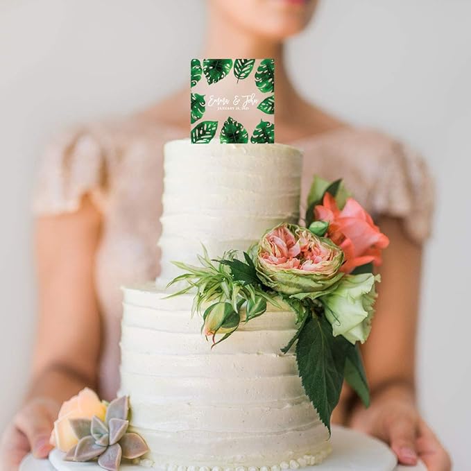 Andaz Press Tropical Greenery Monstera Leaves Names Date Custom Wedding Cake Topper, Acrylic Square Personalized Couple Cake Topper