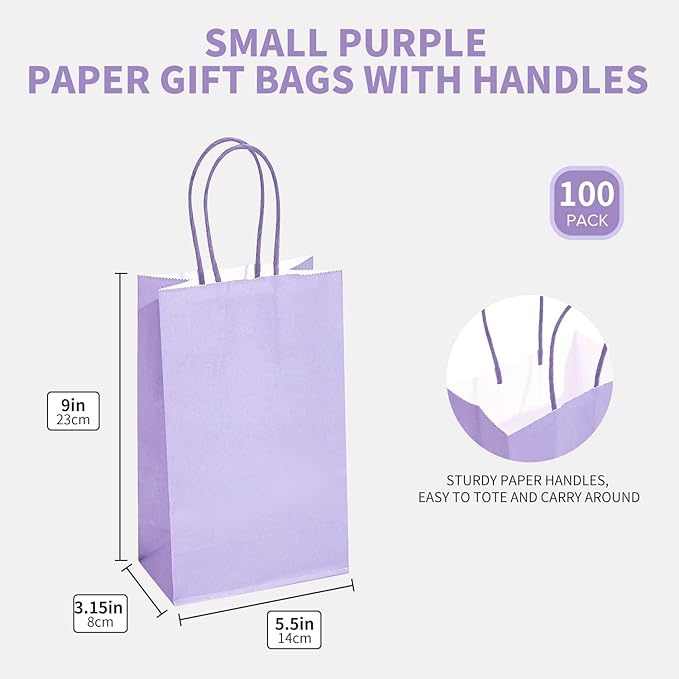 DjinnGlory 100 Pack Small Lavender Purple Paper Gift Bags with Handles Bulk 9''x5.5''x3.15'' for Birthday Wedding Baby Shower Parties Goodies, Purple Business Shopping Bags