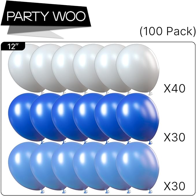 PartyWoo Blue and White Balloons 100pcs 12 Inch Pearl Light Baby Pastel Sky Blue Matte White Balloons for Graduation Baby Shower Birthday Gender Reveal Anniversary Under the Sea Party Decorations