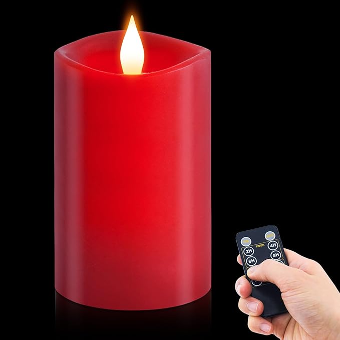 1PCS, 3 x 5 inches Flameless Candle with Remote Control, 3D Flickering Wick, Real Wax Pillar LED Candles, Battery Candles,with Timer,for Holiday Home Decor, Red