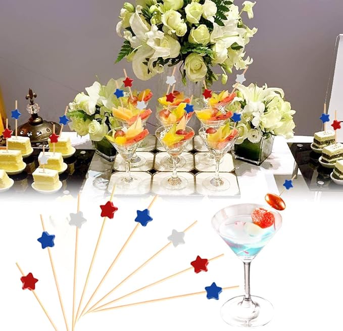 100pcs Red White Blue Star Cocktail Picks Fruit Sticks Food Toothpicks Sandwich Charcuterie Appetizer Skewers, Handmade of Bamboo Wood, for Fourth of July Independence Day Decoration Party Supplies