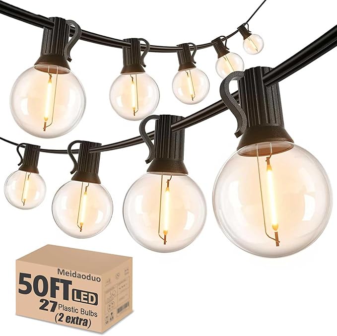 Outdoor String Lights 50FT G40 LED Globe Bulbs - Shatterproof, Connectable, Waterproof - 27 Bulbs (2 Extra), 25 E12 Hanging Lights for Patio, Bistro, Pergola, Gazebo