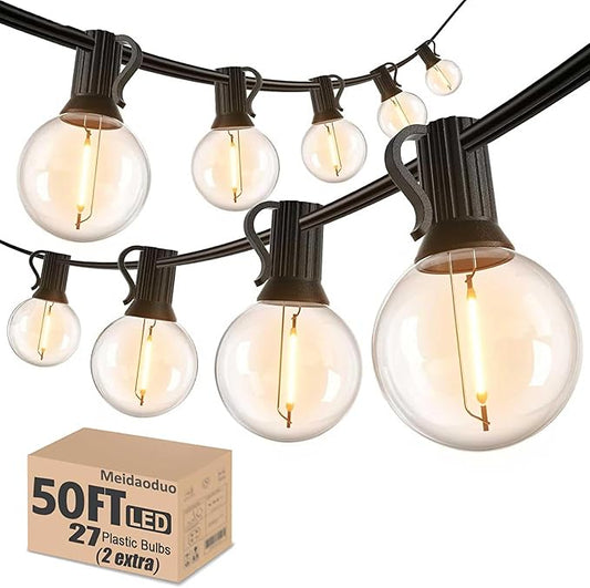 Outdoor String Lights 50FT G40 LED Globe Bulbs - Shatterproof, Connectable, Waterproof - 27 Bulbs (2 Extra), 25 E12 Hanging Lights for Patio, Bistro, Pergola, Gazebo