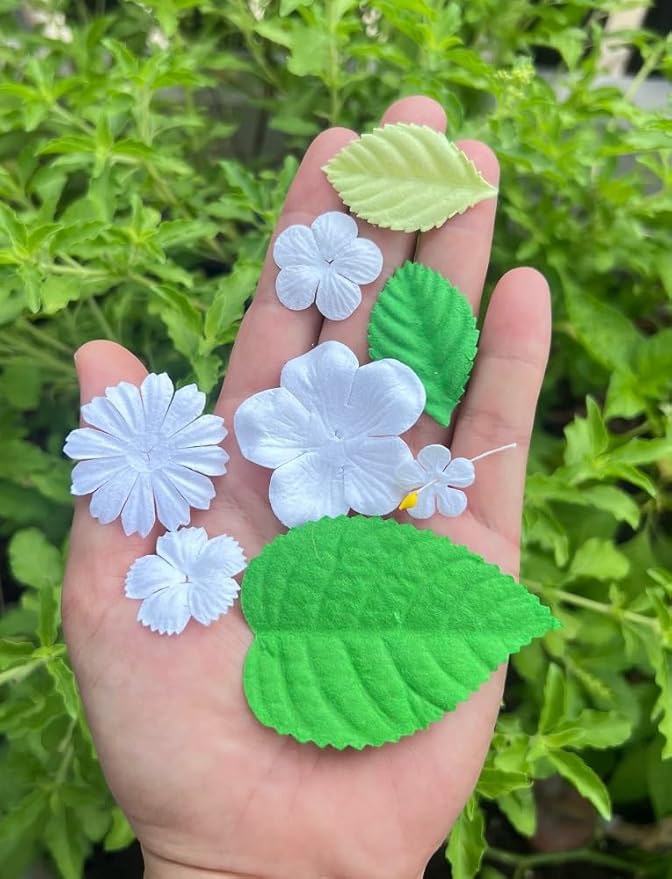 100 Pcs Handmade Mixed Mulberry Paper Flowers Petals and Leaves Scrapbooking Wedding DIY Craft Supplies Card (White Colors Flowers/Green Tone Leaves)
