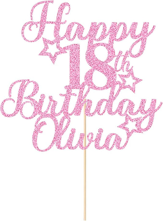 EDSG Happy Birthday Cake Topper Personalized Double Sided Glitter Customized with Any Age Name Cake Decoration (Baby Pink)