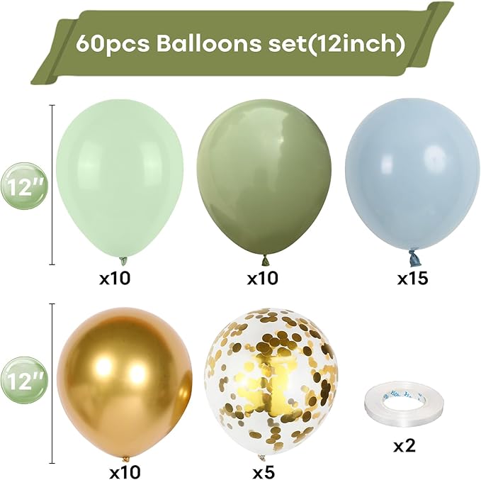 Togvu Dusty Green Blue Balloon, 60 Packs 12 Inch Sage Green Blue Balloon with Haze Fog Blue Sand White and Gold Balloons for Jungle Safari Neutral Boho Birthday Baby Shower Party Decorations