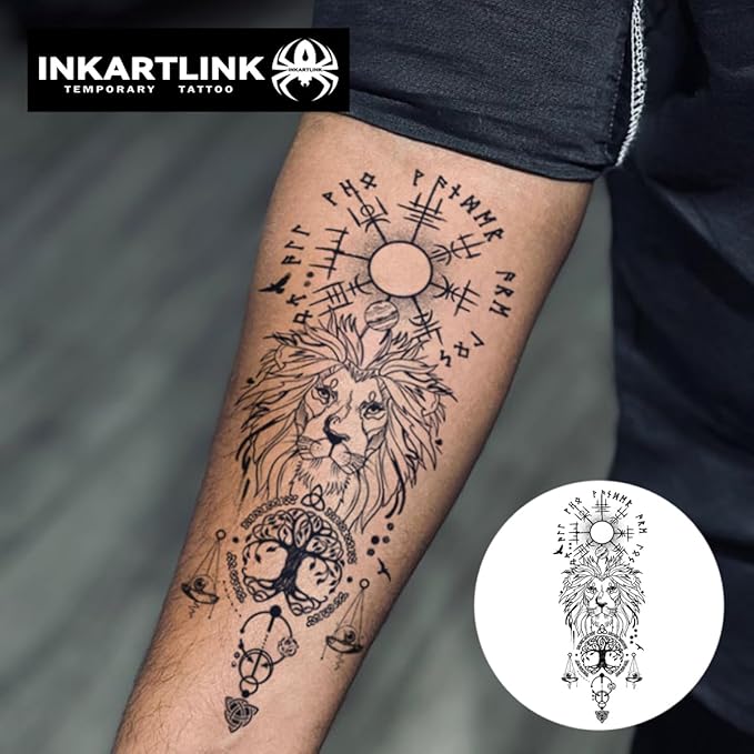 INKARTLINK Semi Permanent Tattoo, Large Male Arm Party Tattoo, Beautiful and Realistic Design, Fun Tattoo Experience, Cruelty-free, Non-reflective, Waterproof (Mystical Lion Symbol)
